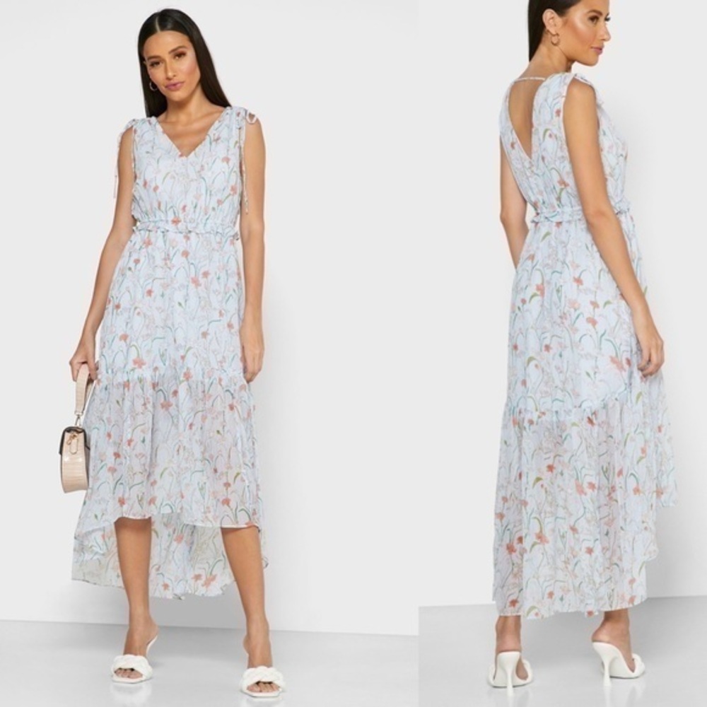 Banana Republic Floral Ruched Maxi Dress in Blue Floral Stripe Sz 6